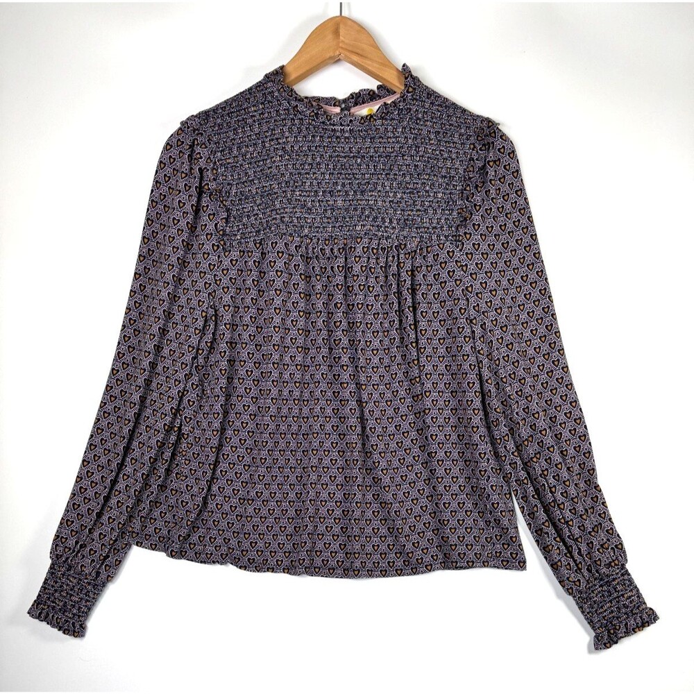 Boden Blouse Womens 8 Navy Gold Heart‎ Print Smocked Long Sleeve Romantic Boho